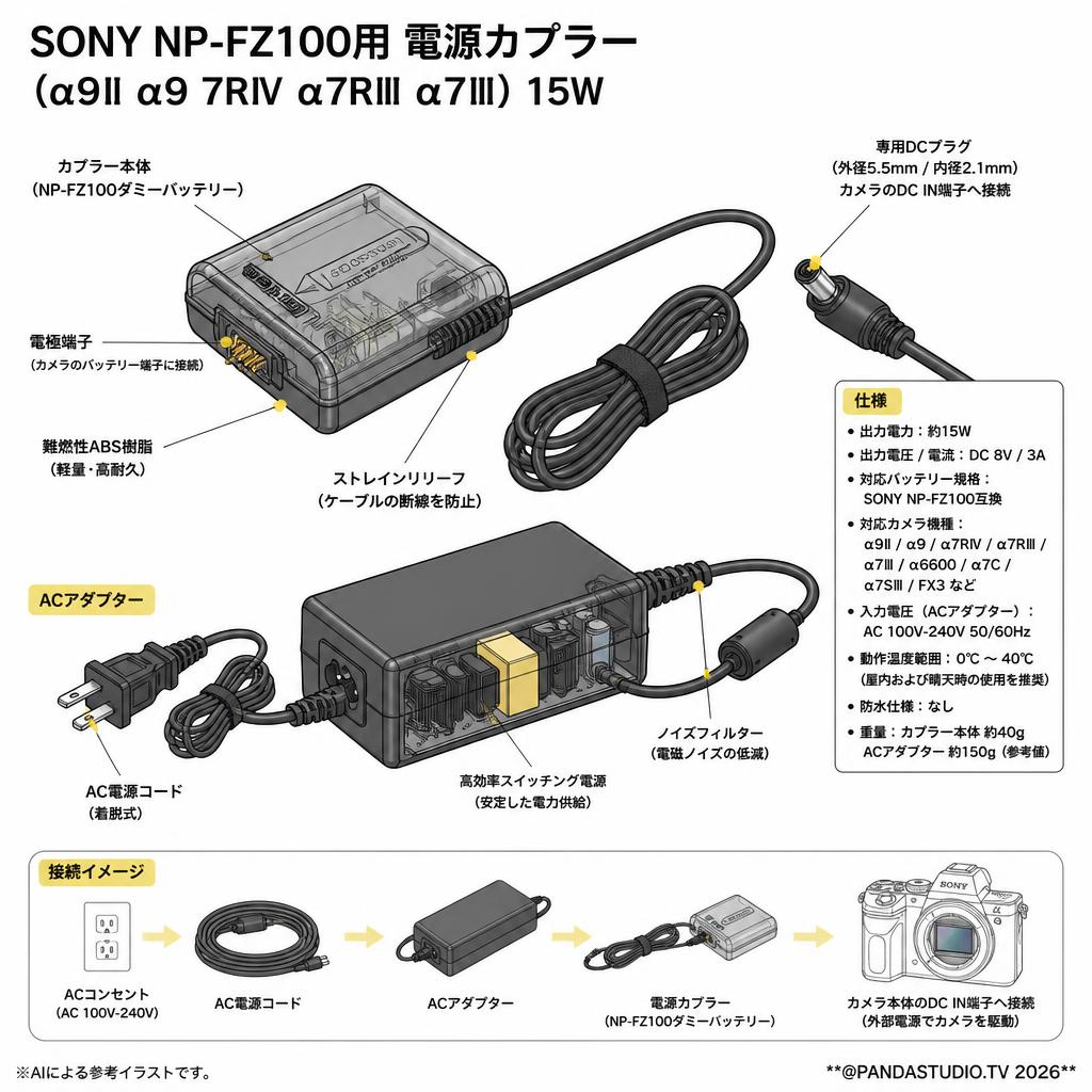 SONY NP-FZ100用 電源カプラー（α9Ⅱ α9 7RⅣ α7RⅢ α7Ⅲ）15W スペック