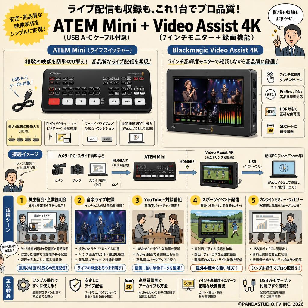 Blackmagic Design ATEM Mini （USB A-C ケーブル付属） + Blackmagic Video Assist 4K（7インチモニター + 録画機能） 用途