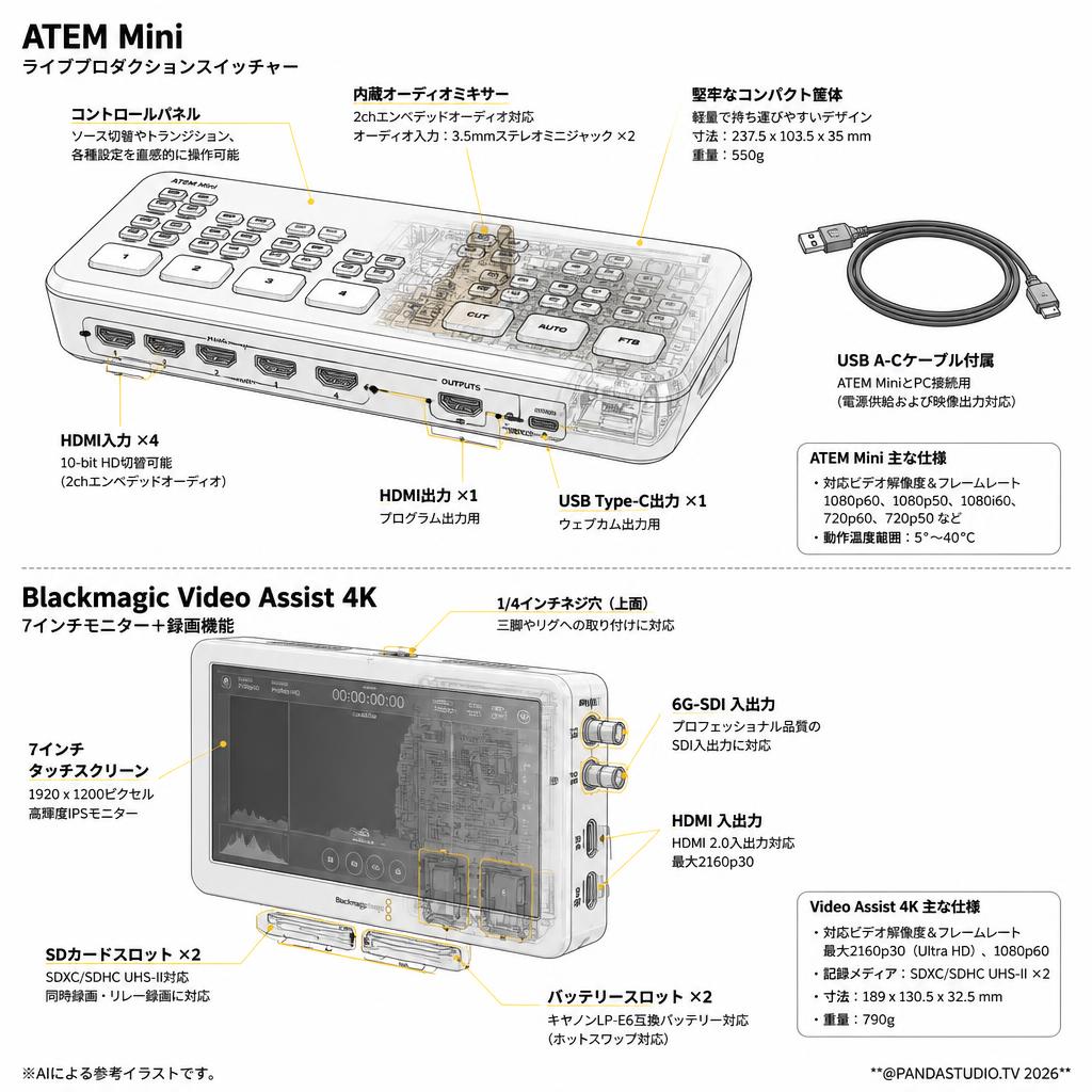 Blackmagic Design ATEM Mini （USB A-C ケーブル付属） + Blackmagic Video Assist 4K（7インチモニター + 録画機能） スペック