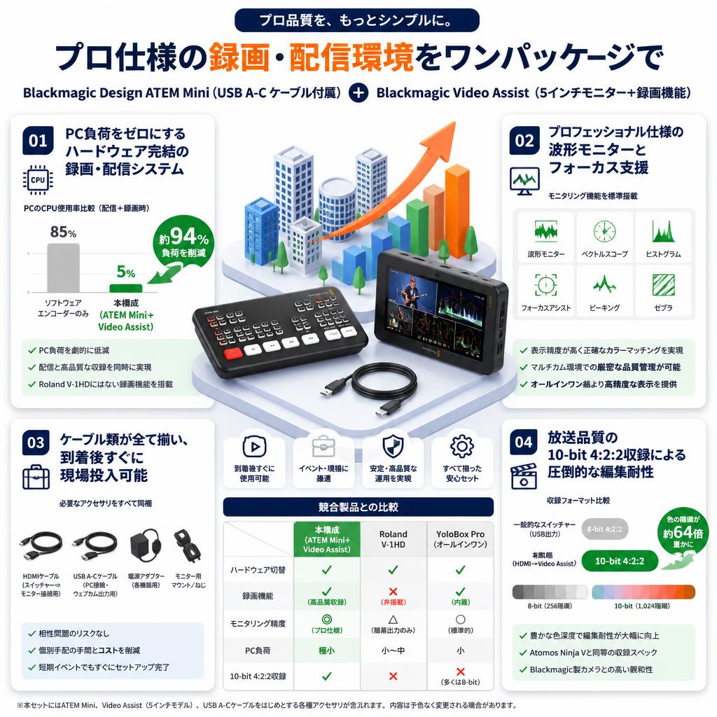 Blackmagic Design ATEM Mini（USB A-C ケーブル付属）  + Blackmagic Video Assist （5インチモニター + 録画機能） セールスポイント