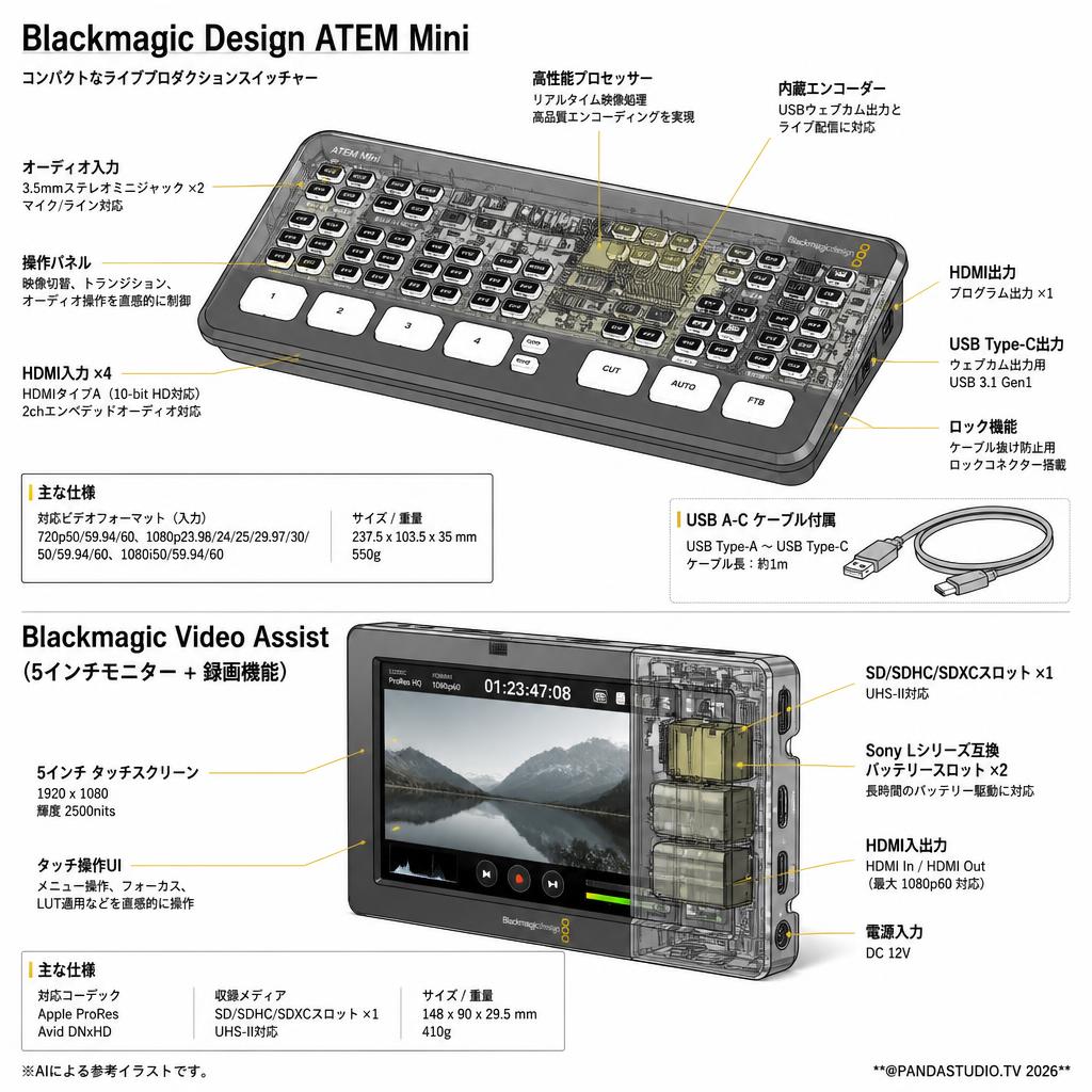 Blackmagic Design ATEM Mini（USB A-C ケーブル付属）  + Blackmagic Video Assist （5インチモニター + 録画機能） スペック