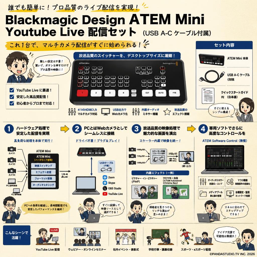 Blackmagic Design ATEM Mini Youtube Live 配信セット（USB A-C ケーブル付属） 概要