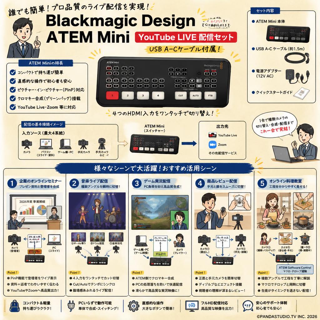 Blackmagic Design ATEM Mini Youtube Live 配信セット（USB A-C ケーブル付属） 用途