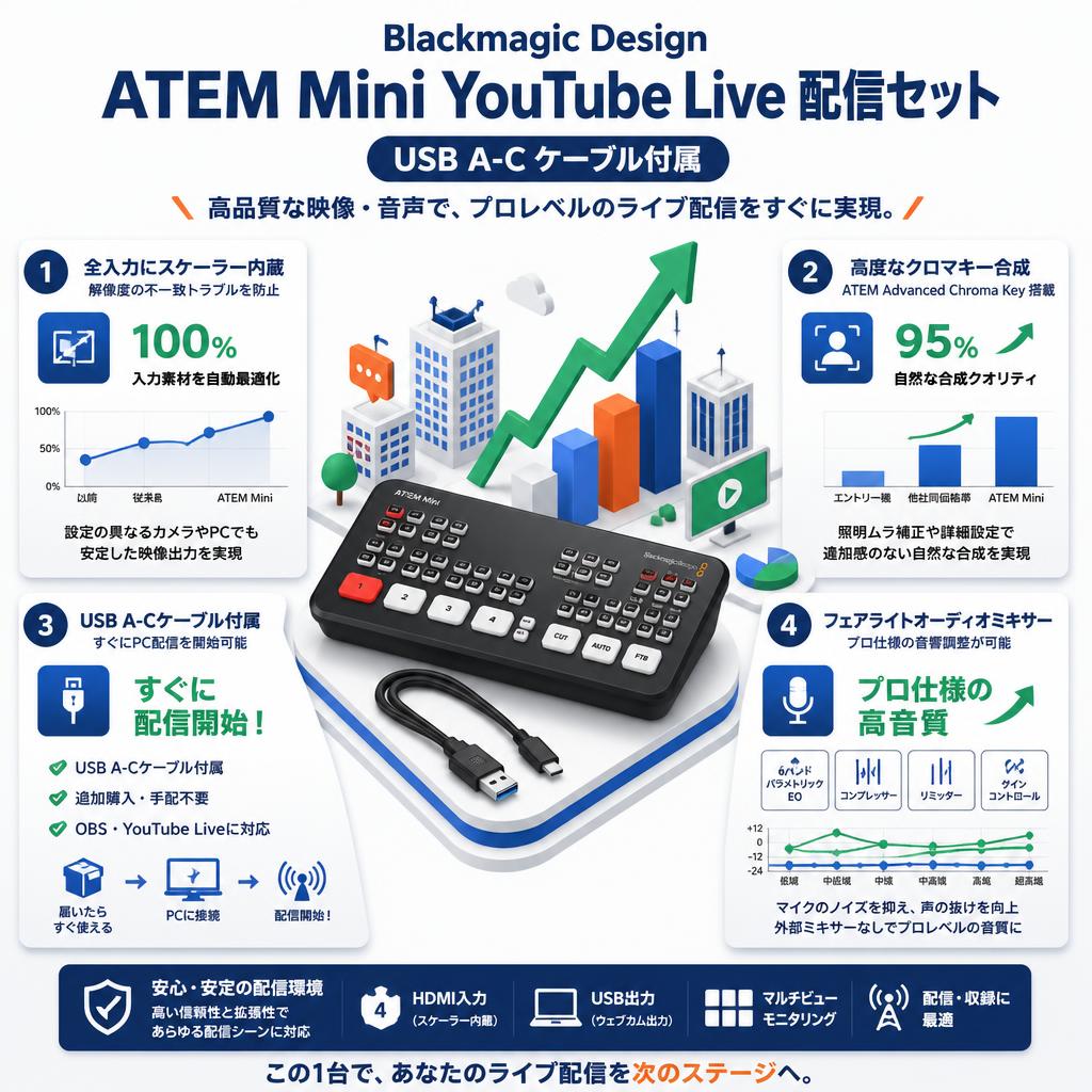 Blackmagic Design ATEM Mini Youtube Live 配信セット（USB A-C ケーブル付属） セールスポイント