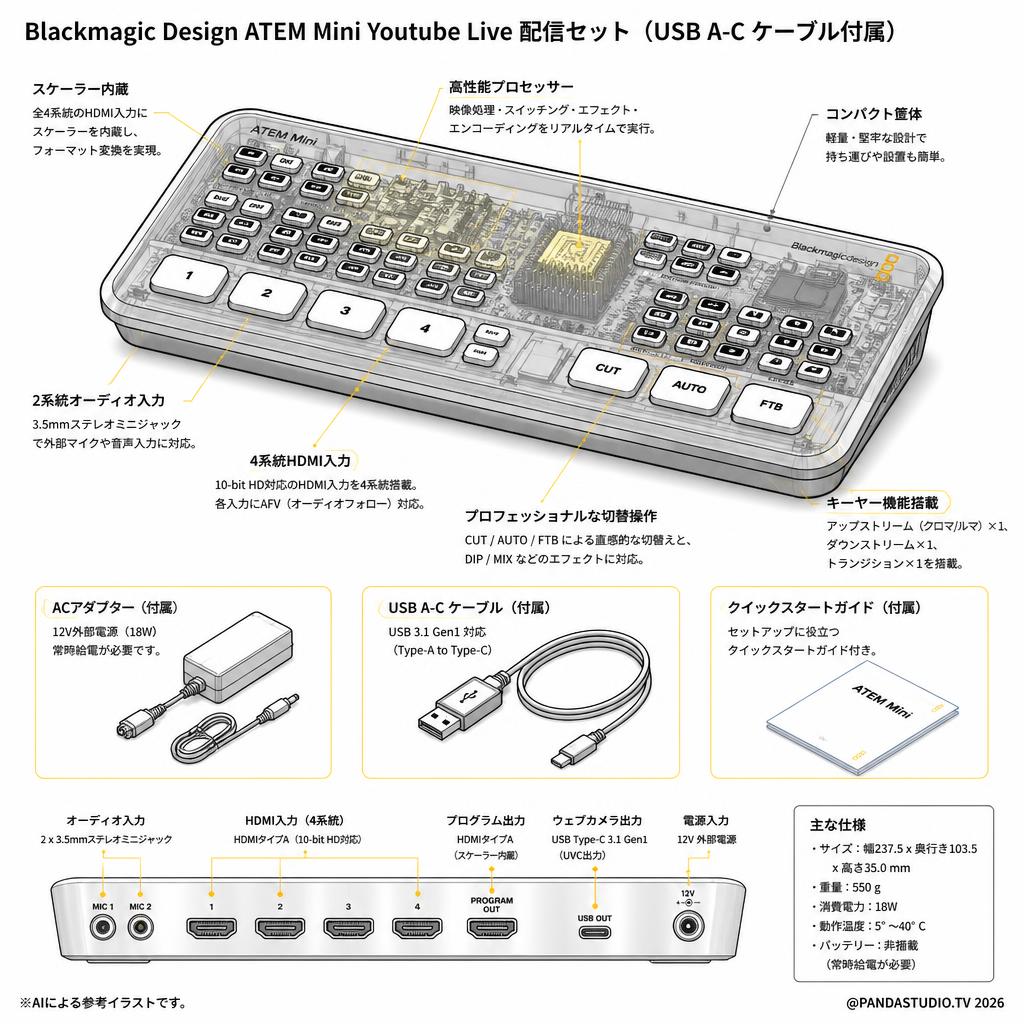 Blackmagic Design ATEM Mini Youtube Live 配信セット（USB A-C ケーブル付属） スペック