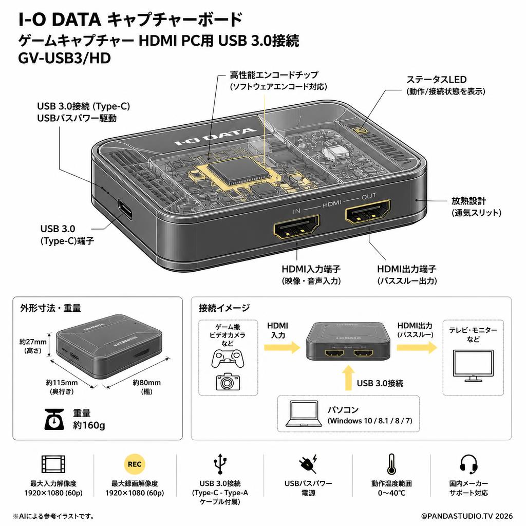 I-O DATA キャプチャーボード ゲームキャプチャー HDMI PC用 USB 3.0接続 GV-USB3/HD スペック