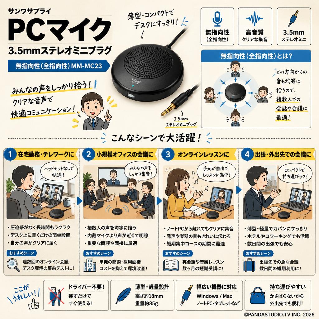サンワサプライ PCマイク 3.5mmステレオミニプラグ 無指向性（全指向性）MM-MC23 おもな対象のお客様