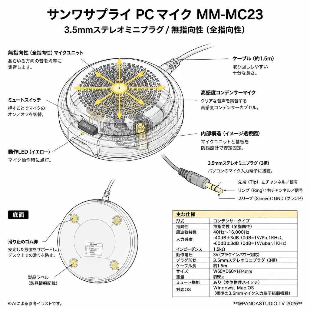 サンワサプライ PCマイク 3.5mmステレオミニプラグ 無指向性（全指向性）MM-MC23 スペック
