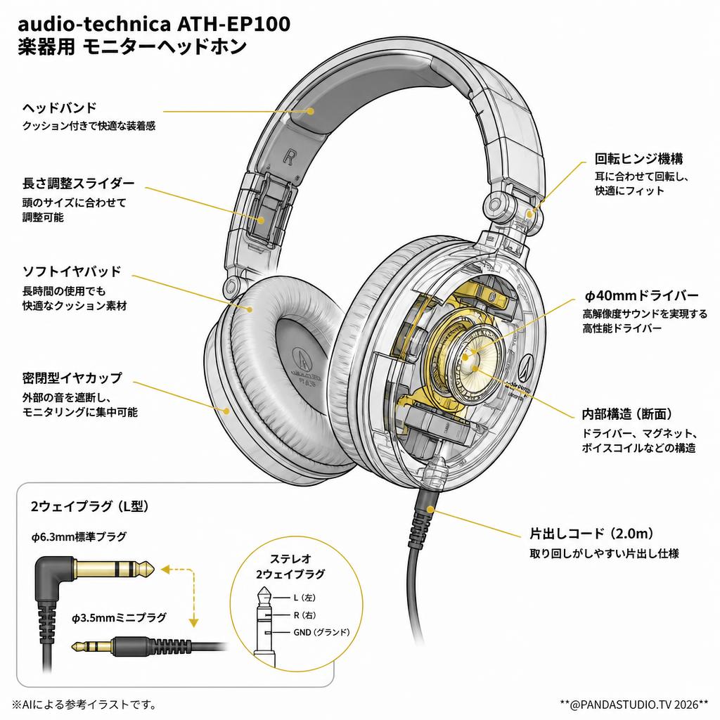 audio-technica ATH-EP100 楽器用 モニターヘッドホン スペック