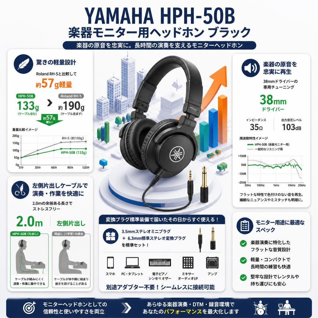 YAMAHA HPH-50B 楽器モニター用ヘッドホン ブラック セールスポイント