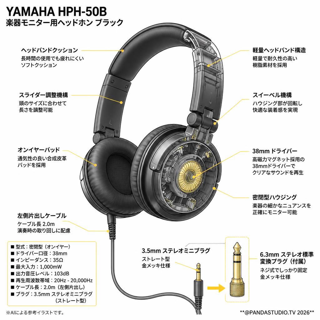 YAMAHA HPH-50B 楽器モニター用ヘッドホン ブラック スペック