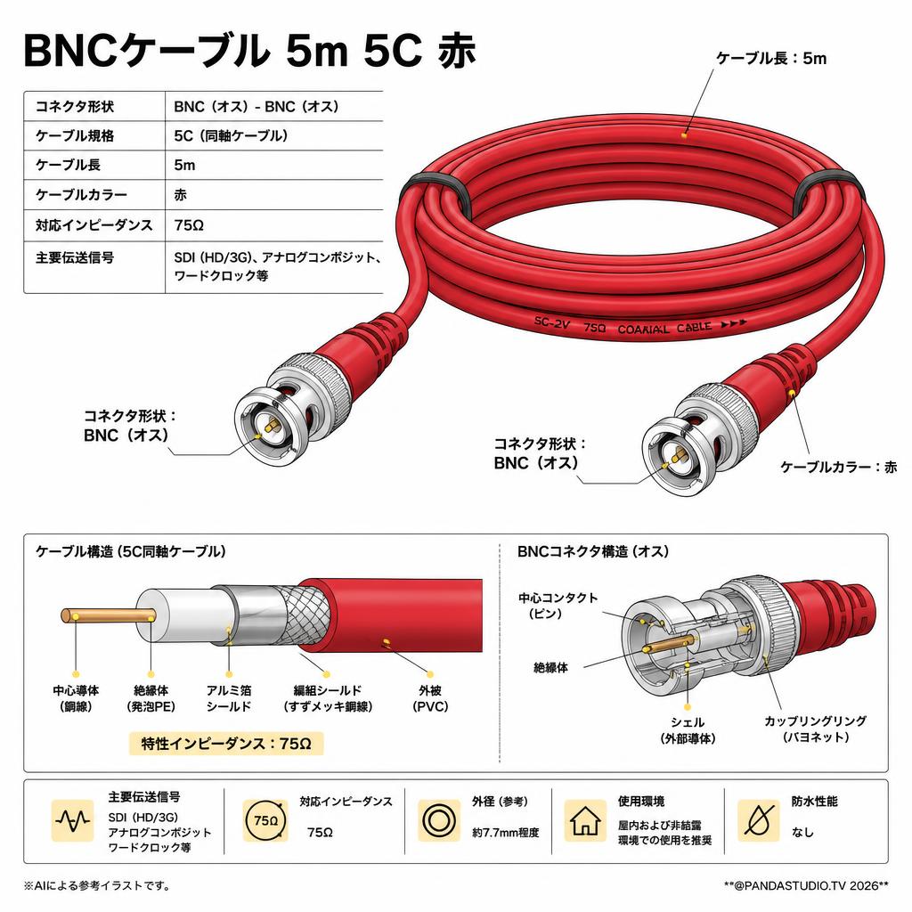 BNCケーブル 5m 5C 赤 スペック
