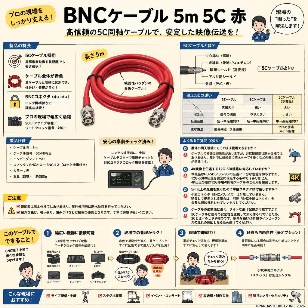 BNCケーブル 5m 5C 赤 FAQ（よくある質問と答え）