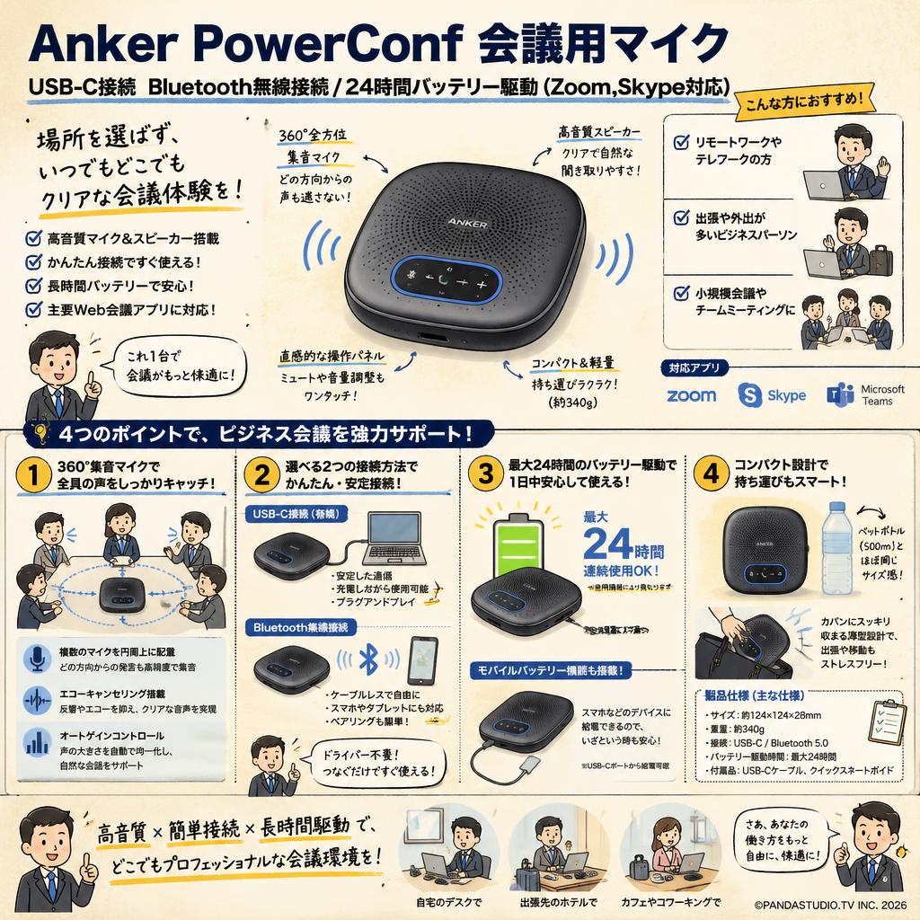 Anker PowerConf 会議用マイク  USB-C接続 Bluetooth無線接続/24時間バッテリー駆動（Zoom,Skype対応） 概要