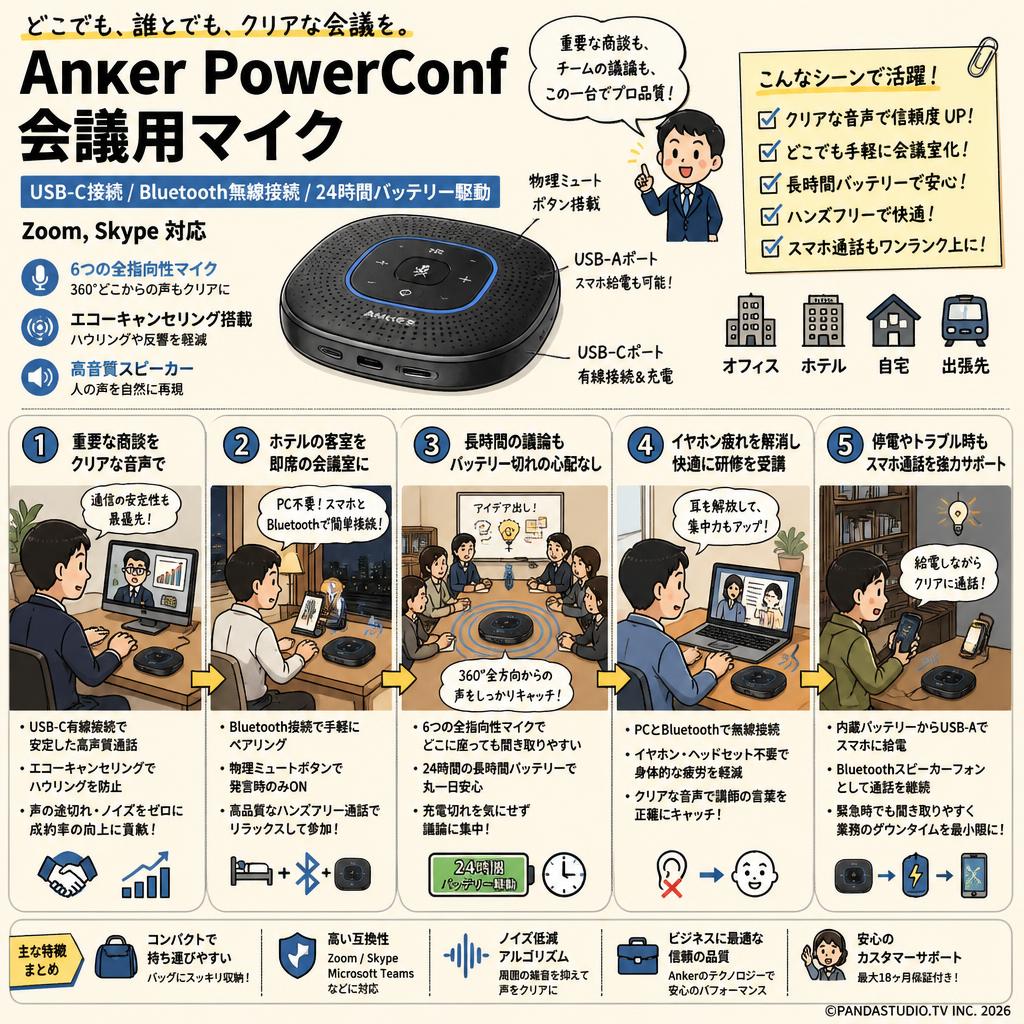 Anker PowerConf 会議用マイク  USB-C接続 Bluetooth無線接続/24時間バッテリー駆動（Zoom,Skype対応） 用途