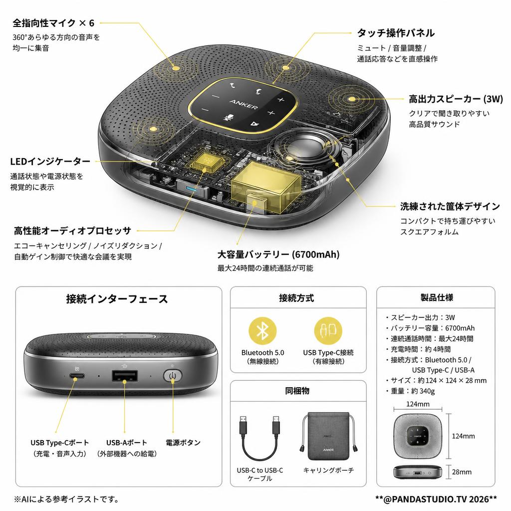 Anker PowerConf 会議用マイク  USB-C接続 Bluetooth無線接続/24時間バッテリー駆動（Zoom,Skype対応） スペック