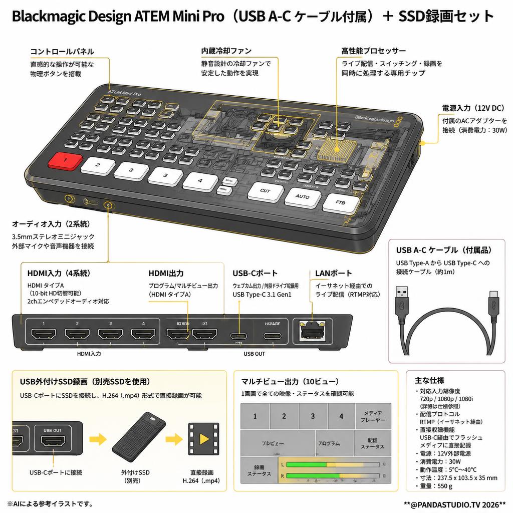 Blackmagic Design ATEM Mini Pro （USB A-C ケーブル付属）＋ SSD録画セット スペック