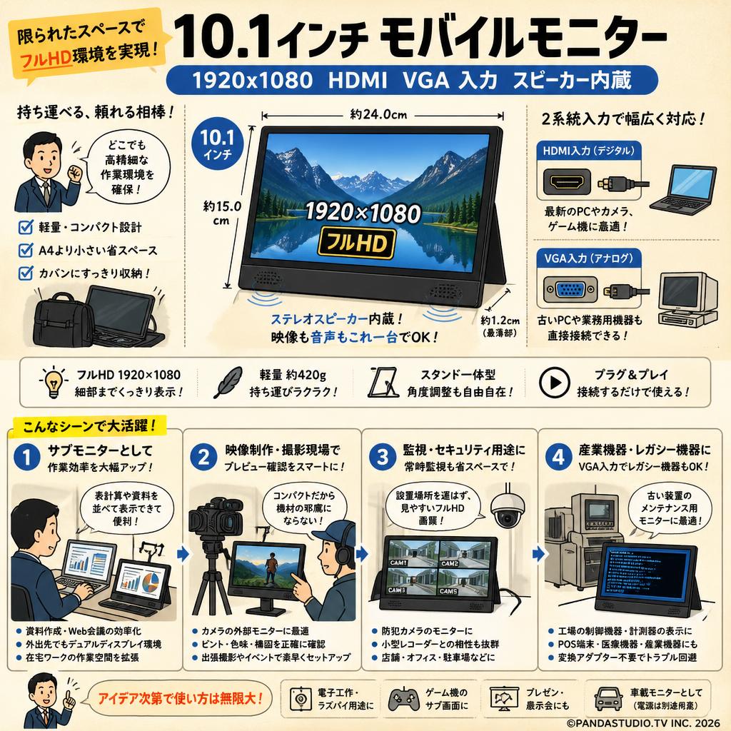 10.1インチ モバイルモニター 1920x1080 HDMI VGA 入力 スピーカー内蔵 概要