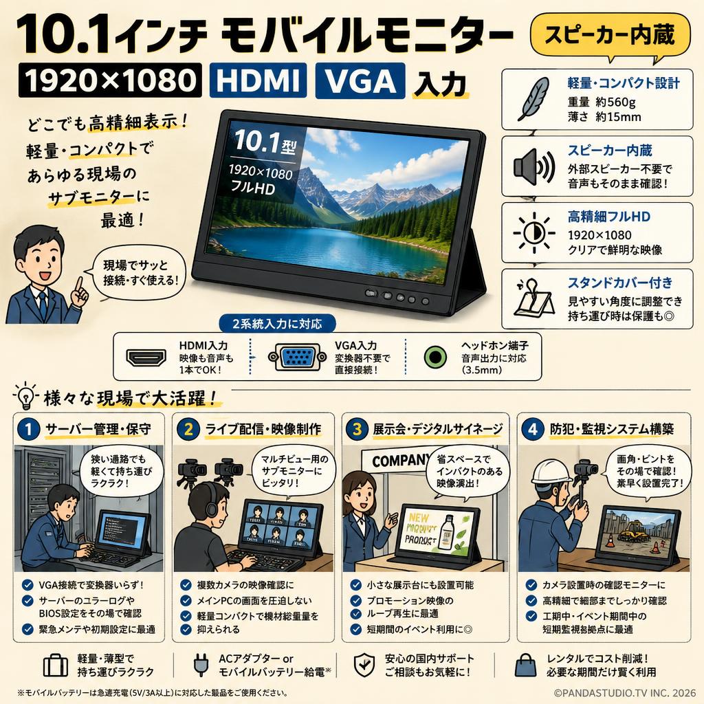 10.1インチ モバイルモニター 1920x1080 HDMI VGA 入力 スピーカー内蔵 おもな対象のお客様