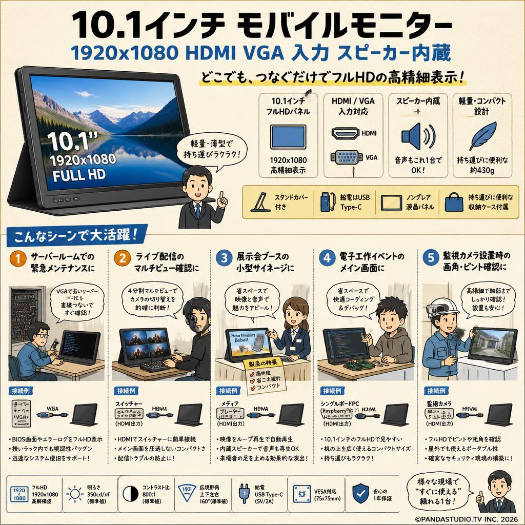 10.1インチ モバイルモニター 1920x1080 HDMI VGA 入力 スピーカー内蔵 用途