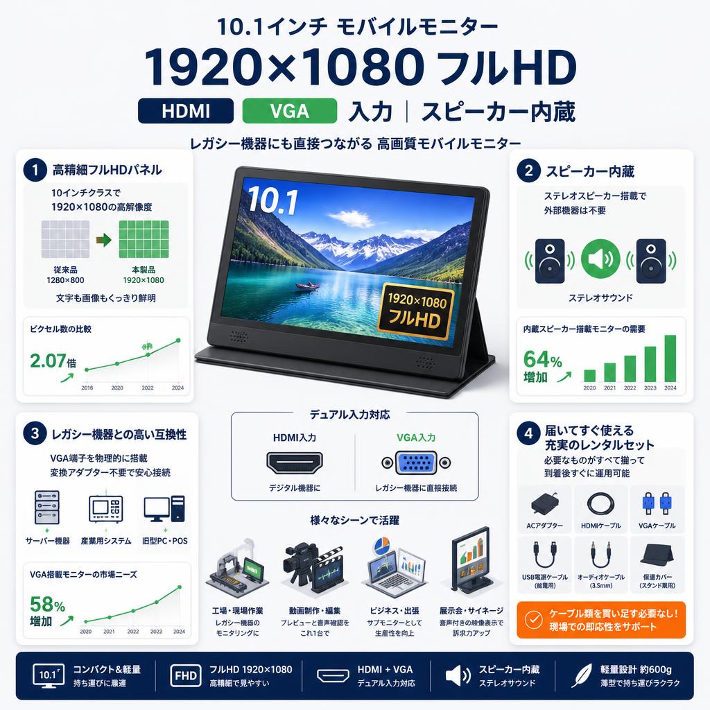 10.1インチ モバイルモニター 1920x1080 HDMI VGA 入力 スピーカー内蔵 セールスポイント