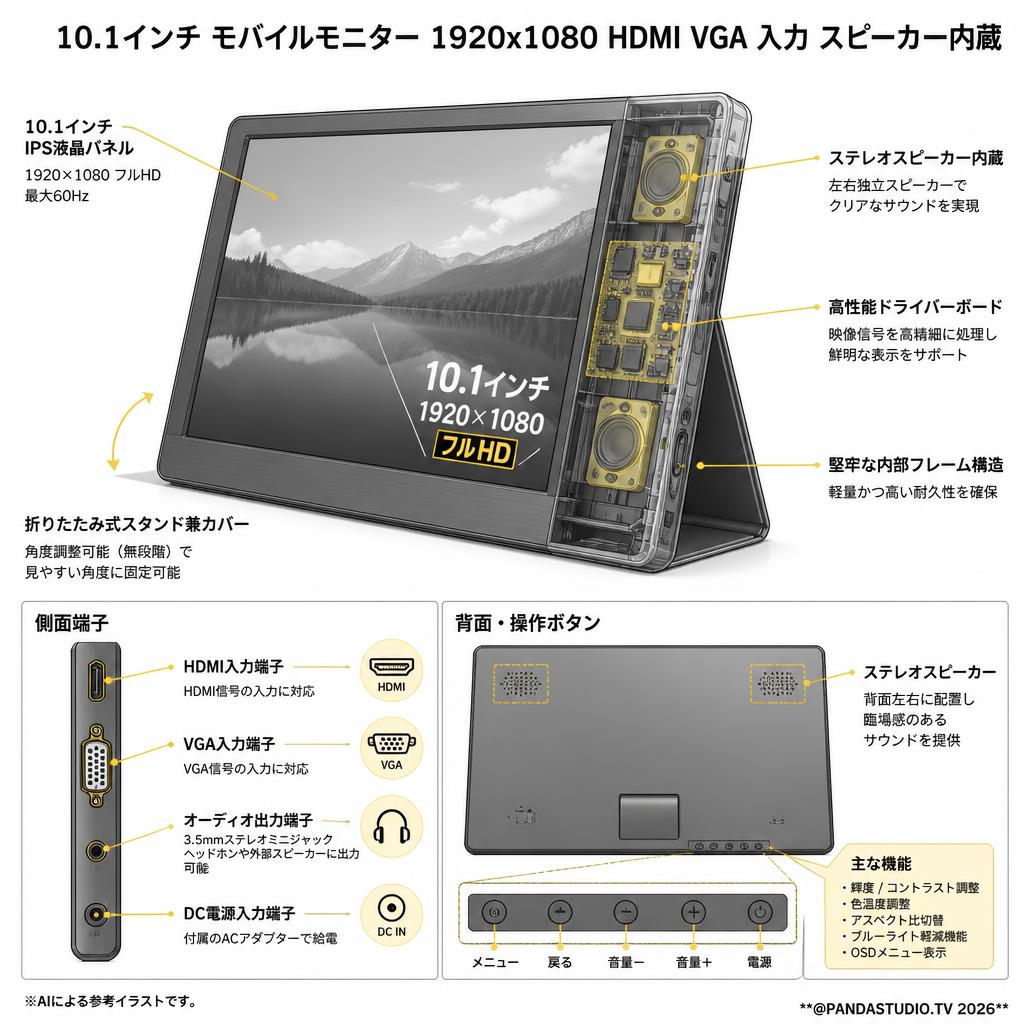 10.1インチ モバイルモニター 1920x1080 HDMI VGA 入力 スピーカー内蔵 スペック