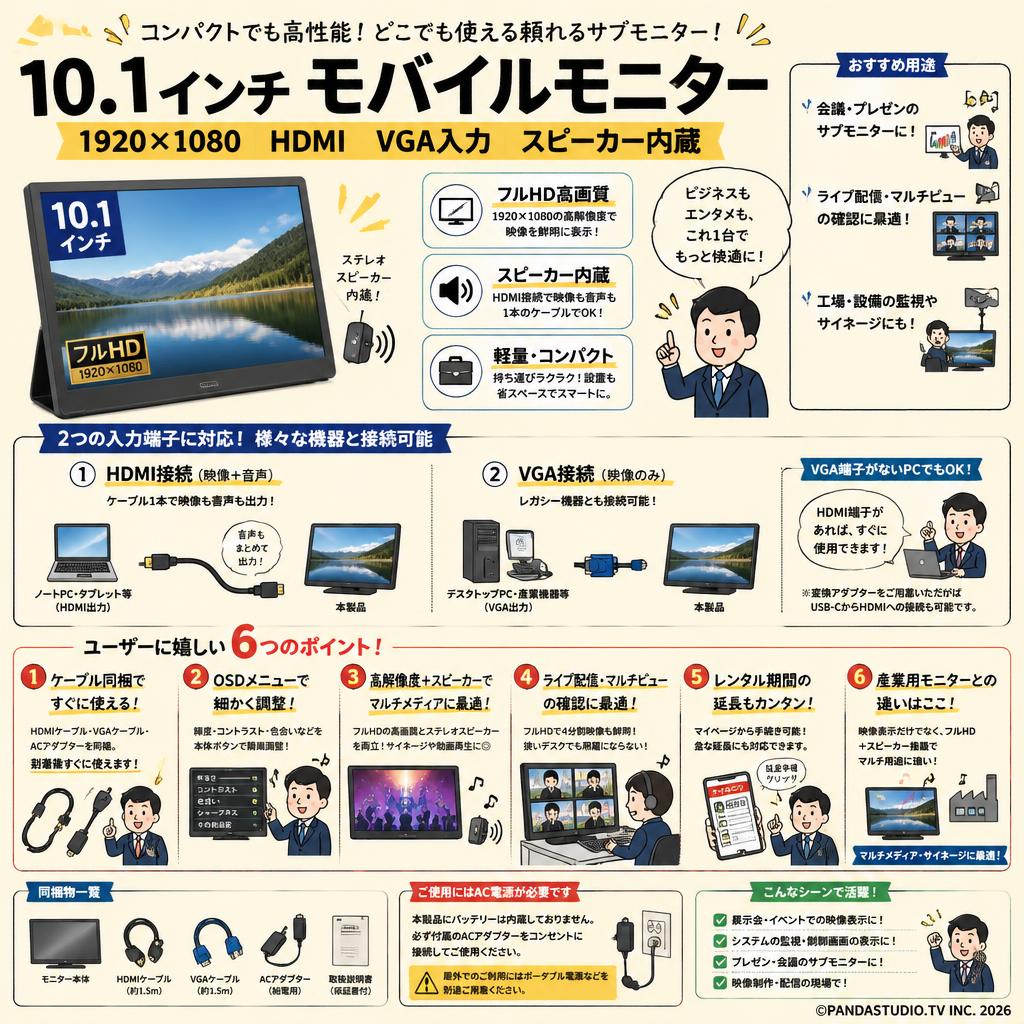 10.1インチ モバイルモニター 1920x1080 HDMI VGA 入力 スピーカー内蔵 FAQ（よくある質問と答え）