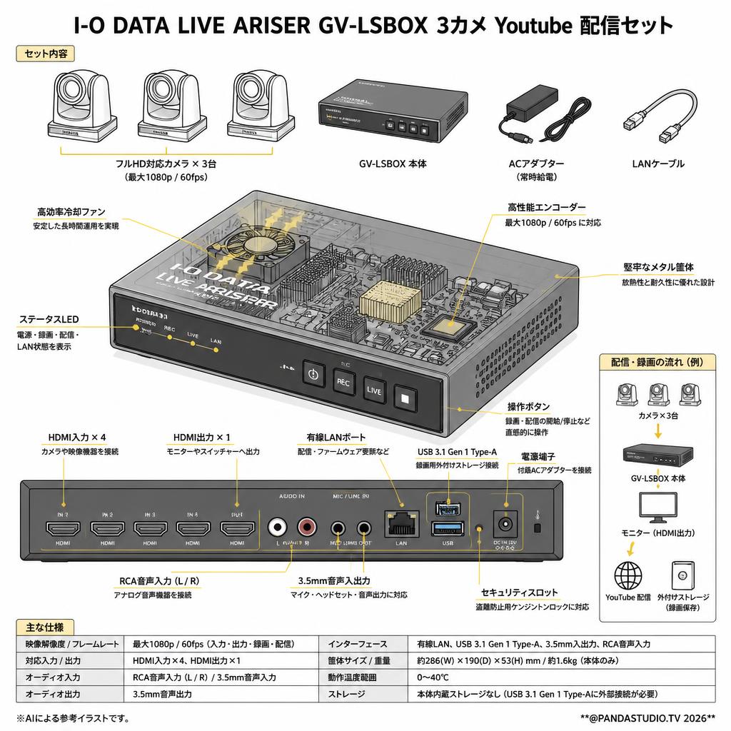 I-O DATA LIVE ARISER GV-LSBOX 3カメ Youtube 配信セット スペック