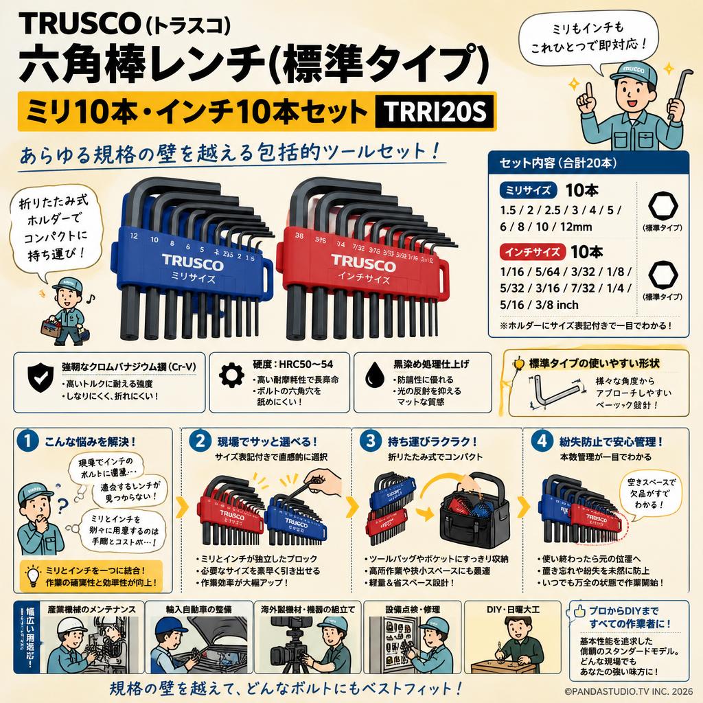 TRUSCO(トラスコ) 六角棒レンチ(標準タイプ) ミリ10本・インチ10本セット TRRI20S 概要
