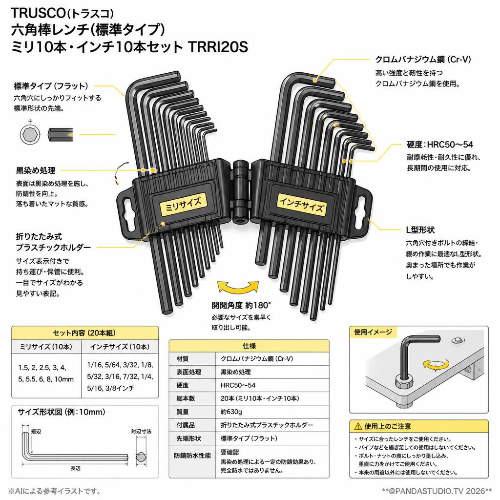 TRUSCO(トラスコ) 六角棒レンチ(標準タイプ) ミリ10本・インチ10本セット TRRI20S スペック