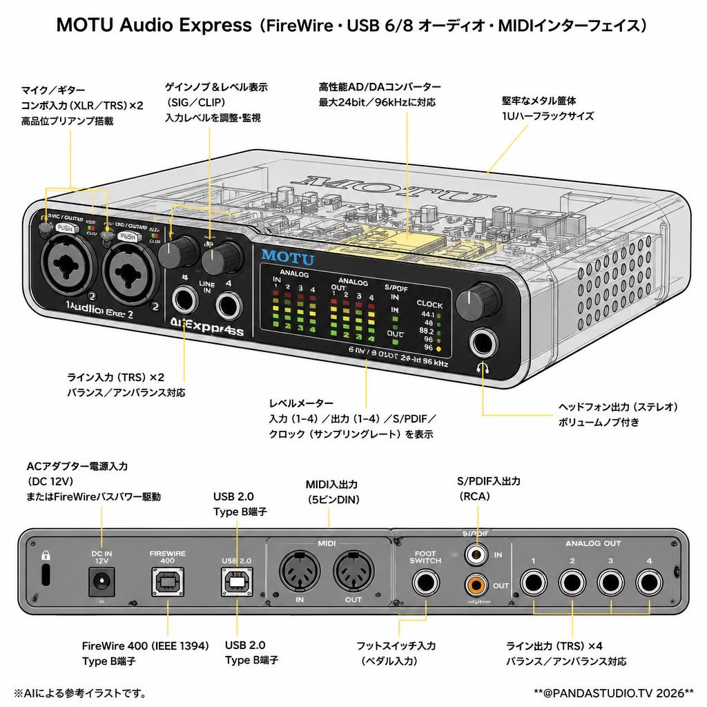 MOTU Audio Express （FireWire・USB 6/8 オーディオ・MIDIインターフェイス） スペック