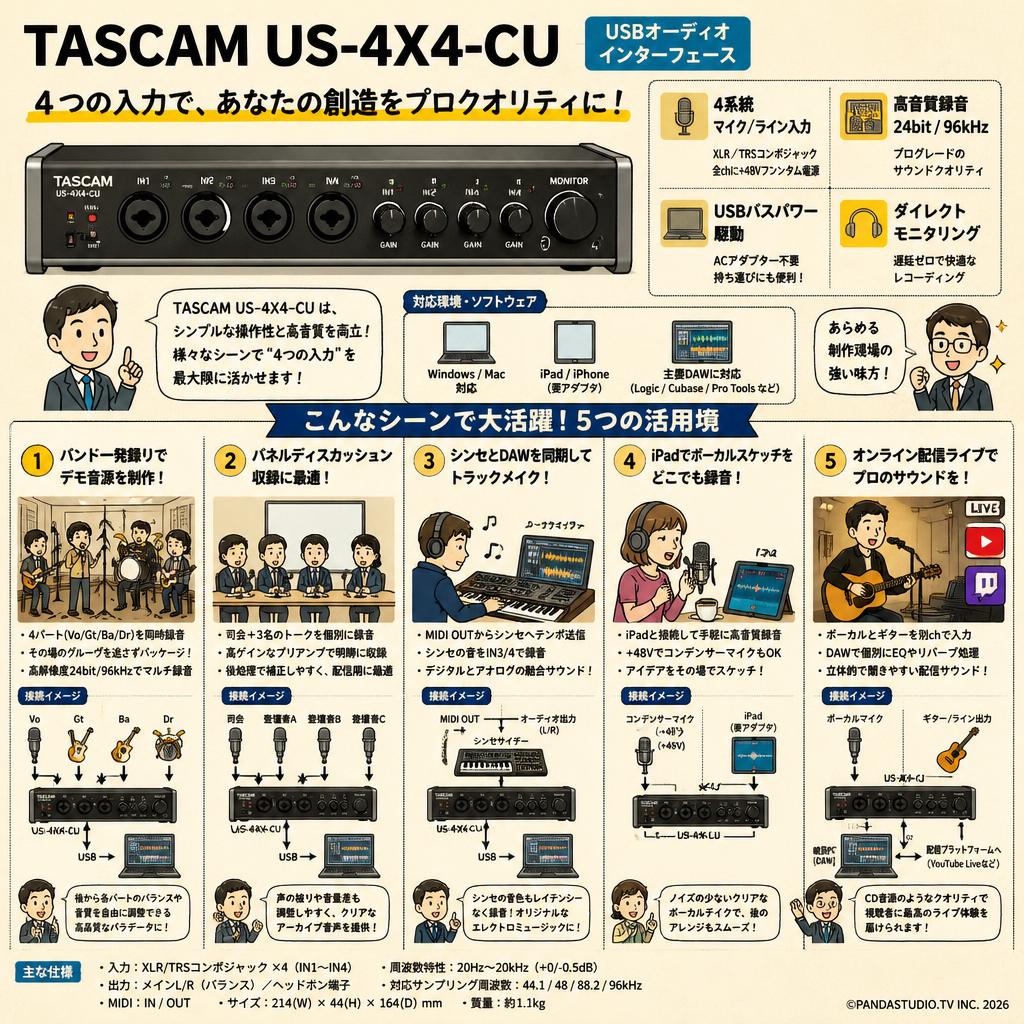 TASCAM US-4X4-CU USBオーディオインターフェース 用途