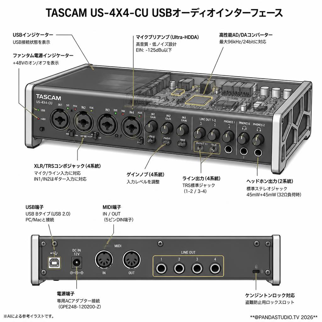 TASCAM US-4X4-CU USBオーディオインターフェース スペック