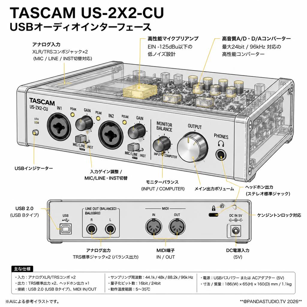 TASCAM US-2X2-CU USBオーディオインターフェース スペック