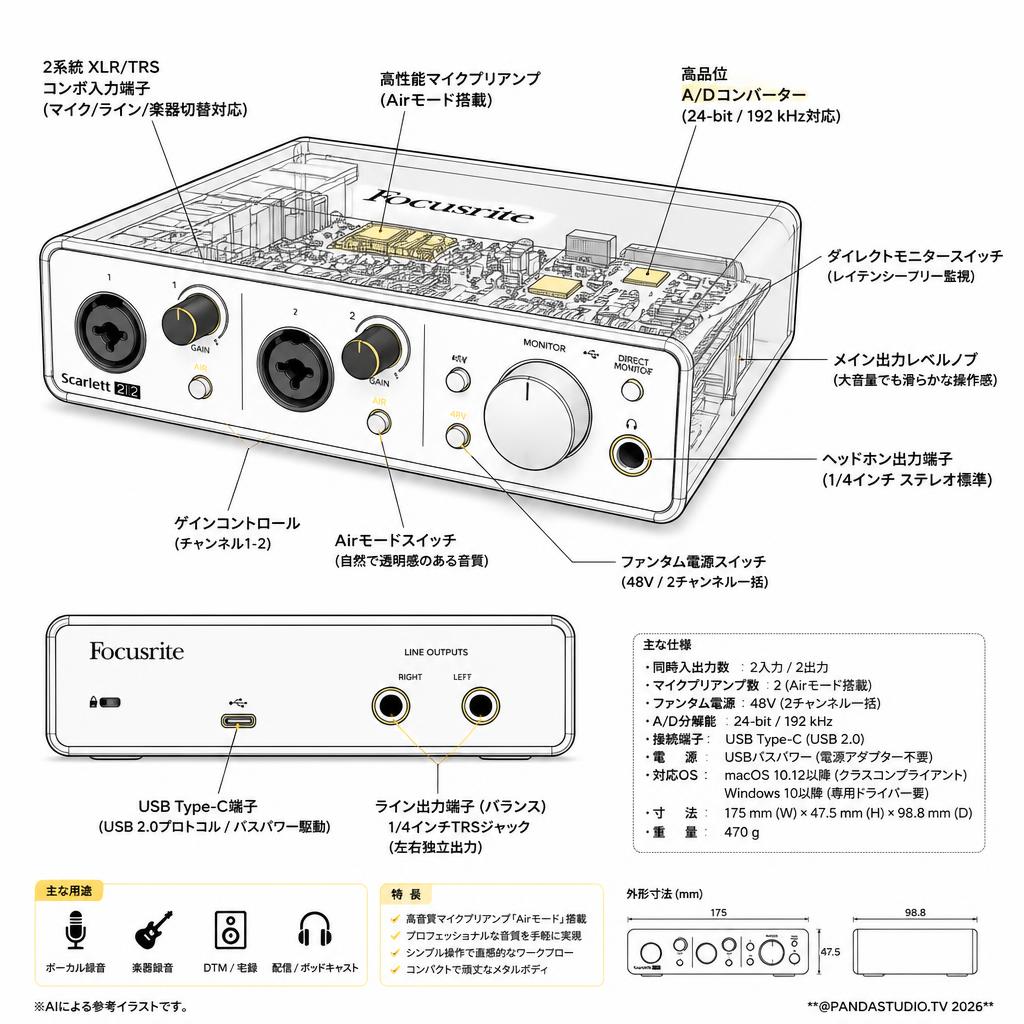 Focusrite Scarlett 2i2 (3rd Gen) USBオーディオインターフェイス スペック