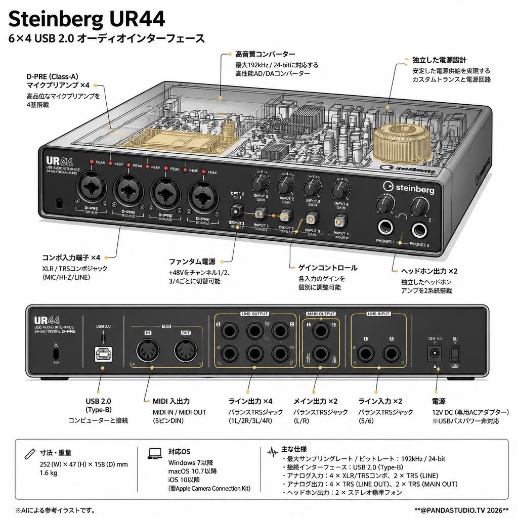 Steinberg UR44 6×4 USB 2.0 オーディオインターフェース スペック