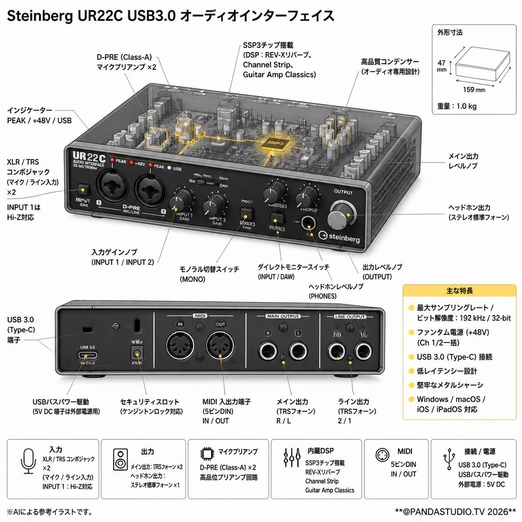 Steinberg UR22C USB3.0 オーディオインターフェイス スペック