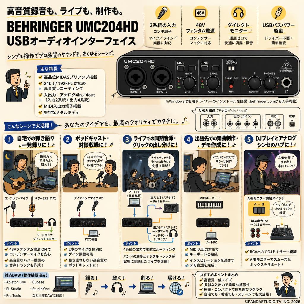 BEHRINGER UMC204HD USBオーディオインターフェイス 用途
