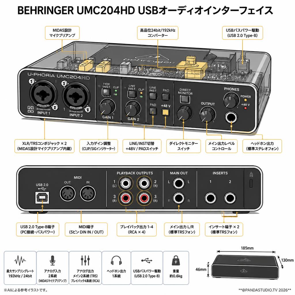 BEHRINGER UMC204HD USBオーディオインターフェイス スペック
