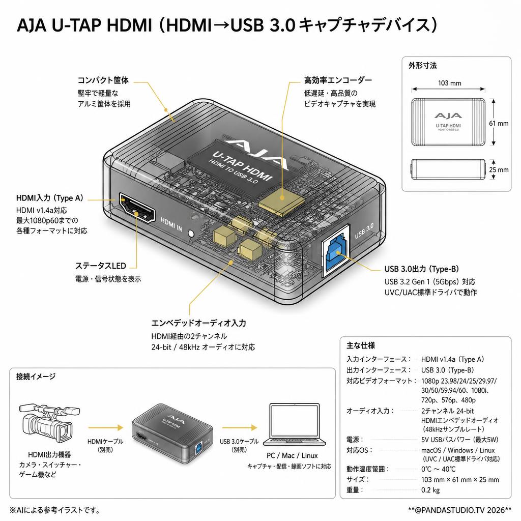 AJA U-TAP HDMI（HDMI→USB 3.0キャプチャデバイス） スペック