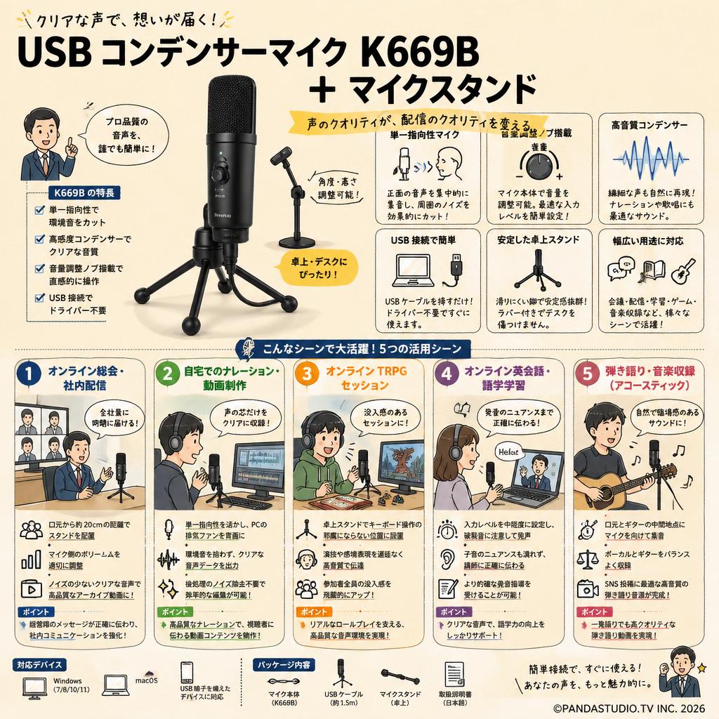 USB コンデンサーマイク K669B ＋ マイクスタンド 用途