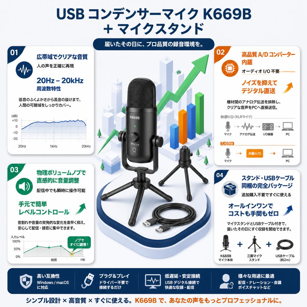 USB コンデンサーマイク K669B ＋ マイクスタンド セールスポイント