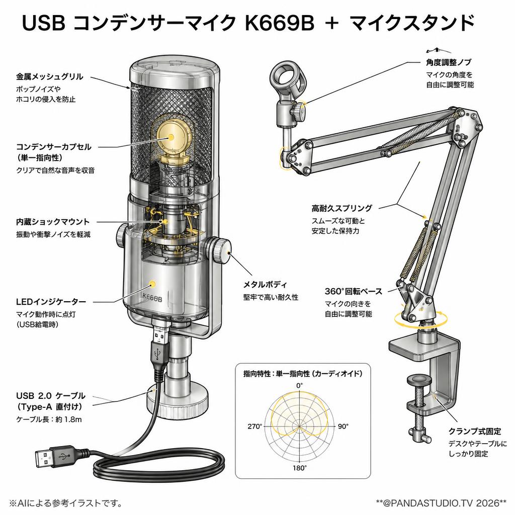 USB コンデンサーマイク K669B ＋ マイクスタンド スペック