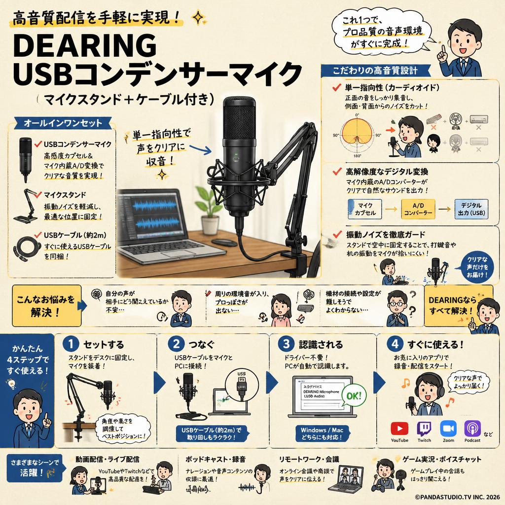 DEARING USBコンデンサーマイク (マイクスタンド＋ケーブル付き） 概要