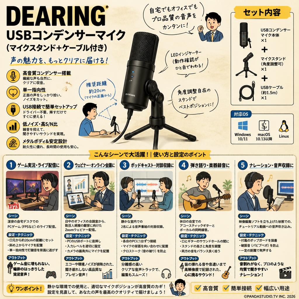 DEARING USBコンデンサーマイク (マイクスタンド＋ケーブル付き） 用途