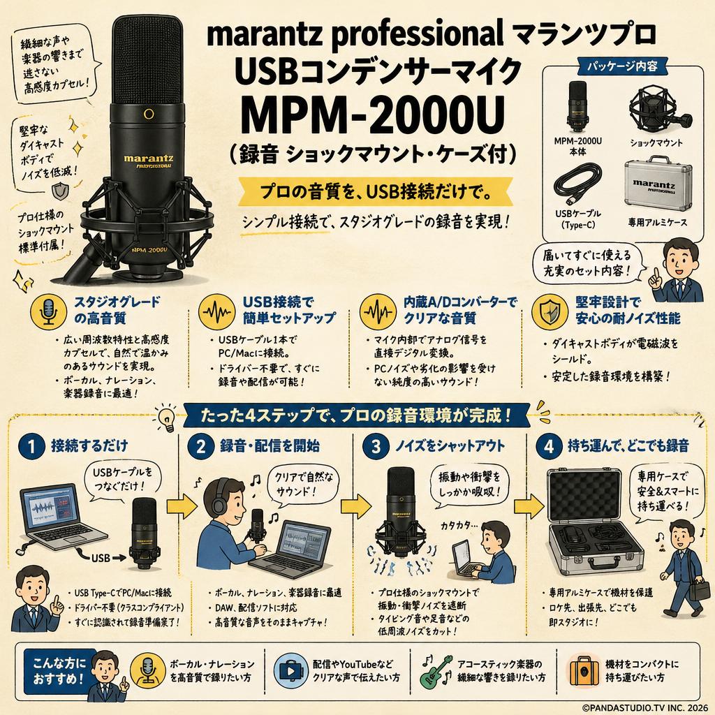 marantz professionalマランツプロ USBコンデンサーマイク  MPM-2000U（録音 ショックマウント・ケース付） 概要