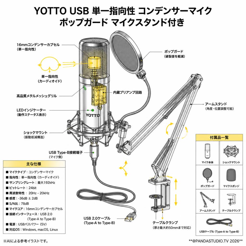 YOTTO USB 単一指向性 コンデンサーマイク ポップガード マイクスタンド付き スペック