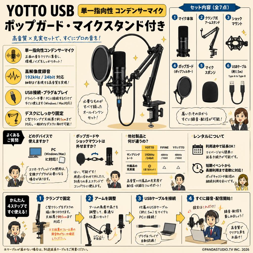 YOTTO USB 単一指向性 コンデンサーマイク ポップガード マイクスタンド付き FAQ（よくある質問と答え）