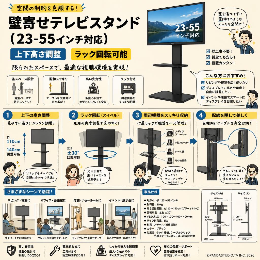 壁寄せテレビスタンド（23-55インチ対応）上下高さ調整ラック回転可能 概要