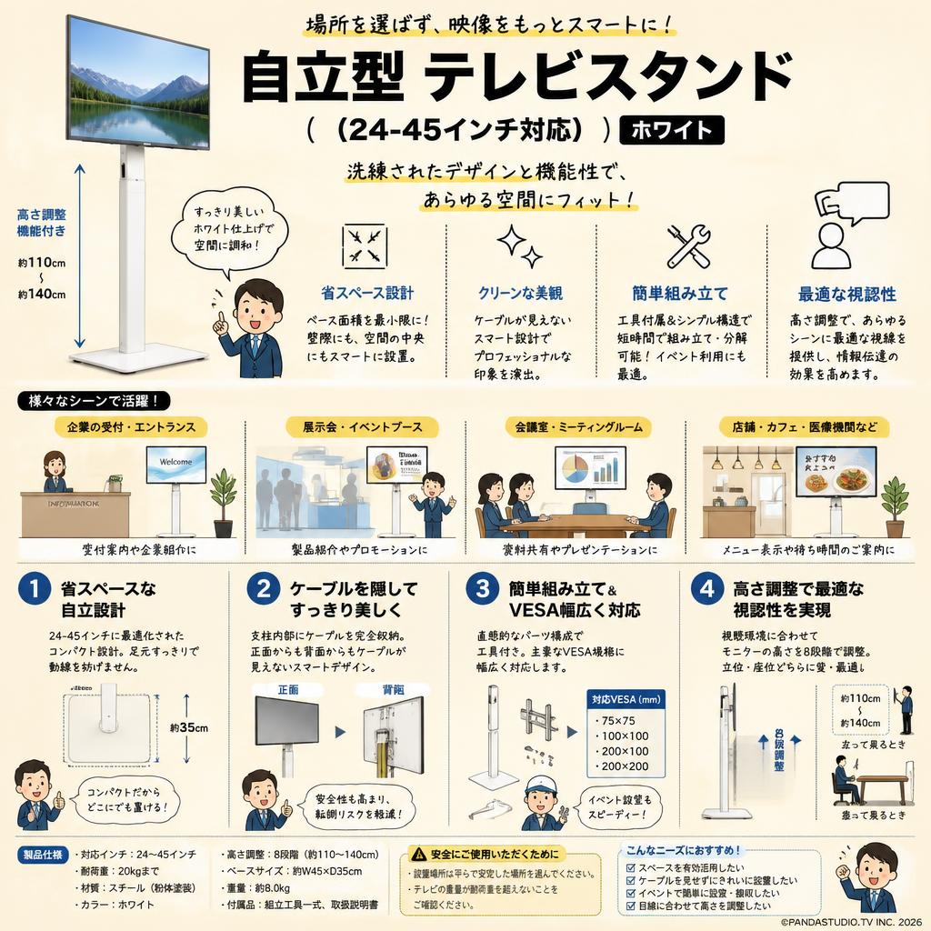 自立型 テレビスタンド（24-45インチ対応） ホワイト 概要